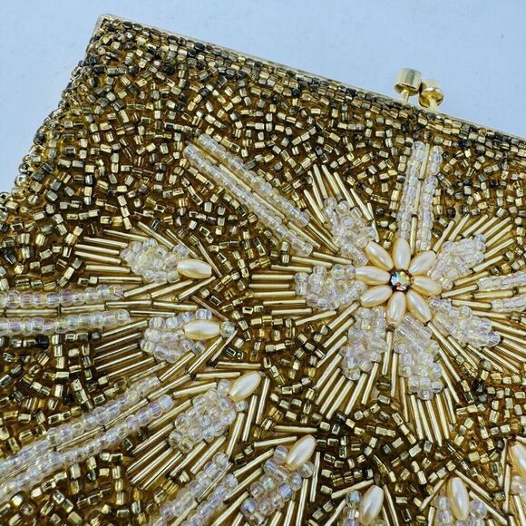 Gold Evening Bag beaded 7”‎ Kiss Lock Vintage - Picture 6 of 9